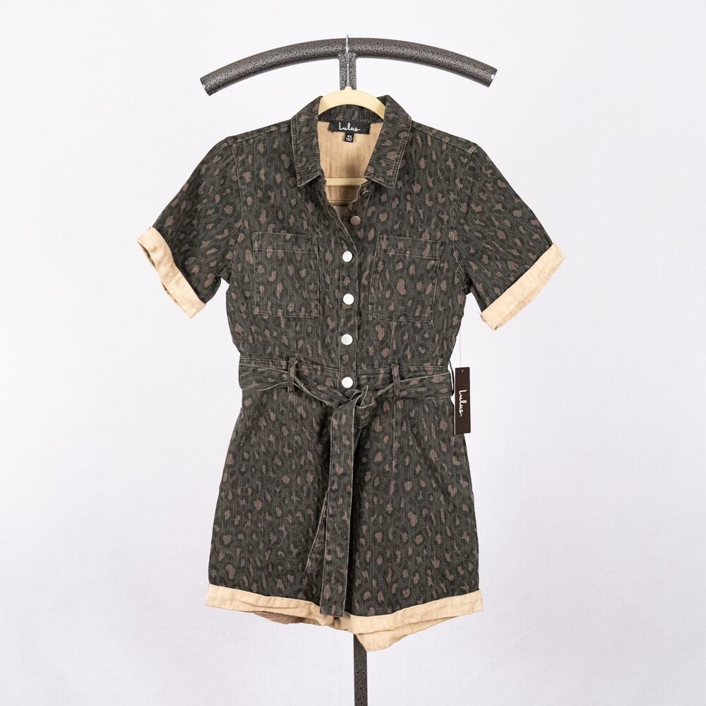 Lulus Animal Print Camo Denim Safari Romper Size XS Casual Earthy Festival Cabin